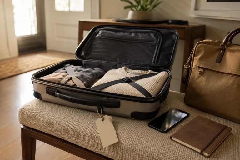 Valise ouverte avec smartphone et étiquette bagage avant un départ