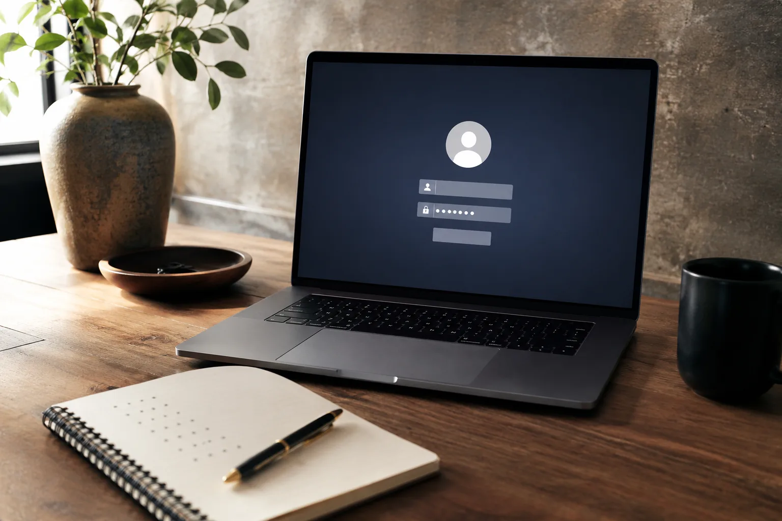Ordinateur avec écran de connexion et carnet pour préparer une phrase de passe sécurisée