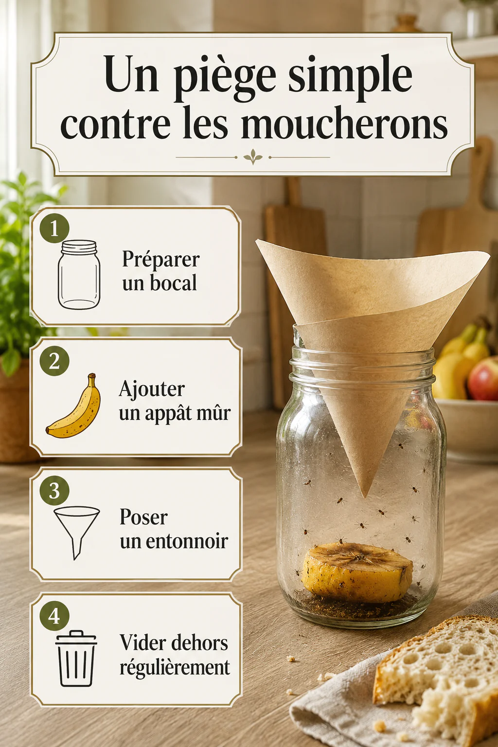 Infographie en quatre étapes pour préparer un piège simple contre les moucherons