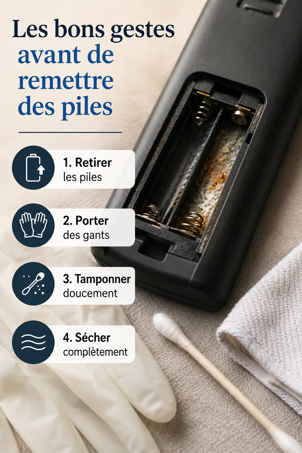 Infographie des gestes à suivre avant de remettre des piles neuves