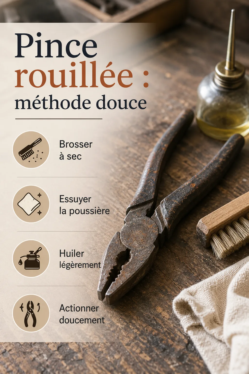 Infographie avec étapes douces pour enlever la rouille d’une pince