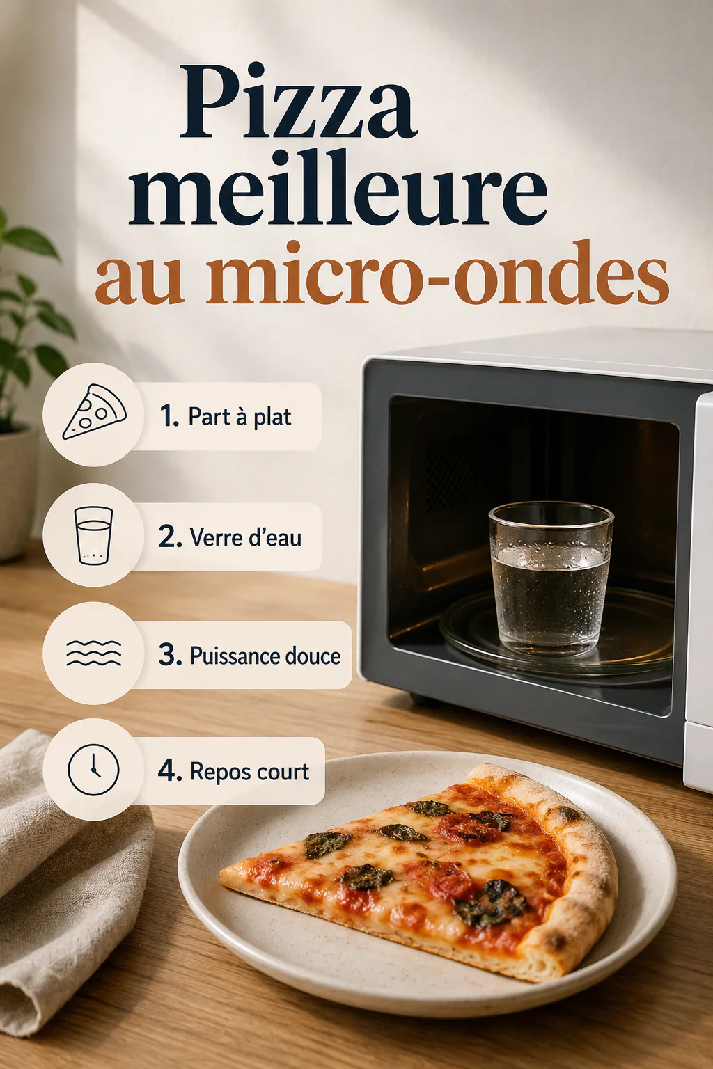 Infographie des gestes pour réchauffer une pizza au micro-ondes