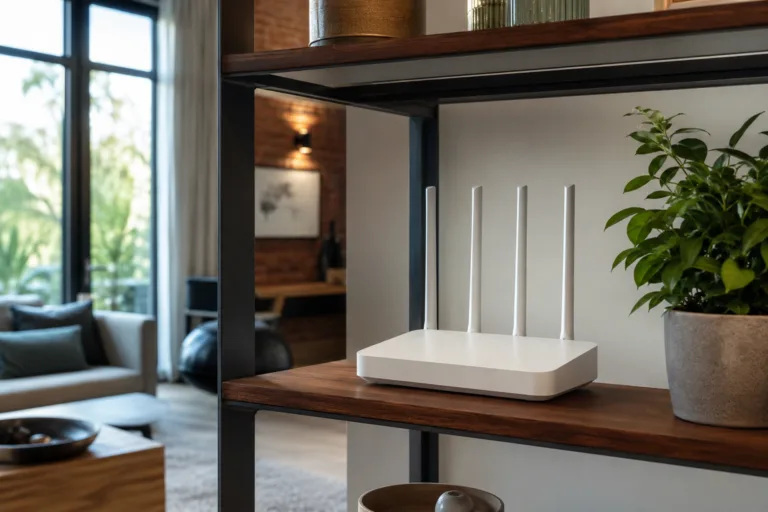 Routeur Wi-Fi posé sur une étagère ouverte dans un salon