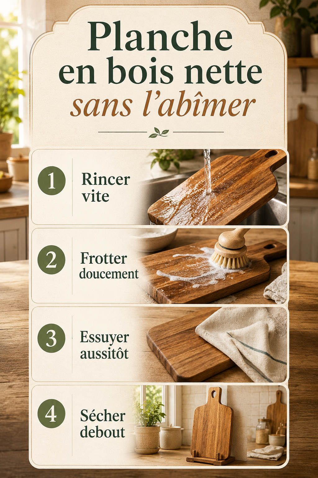 Infographie étapes pour nettoyer une planche en bois sans l'abîmer