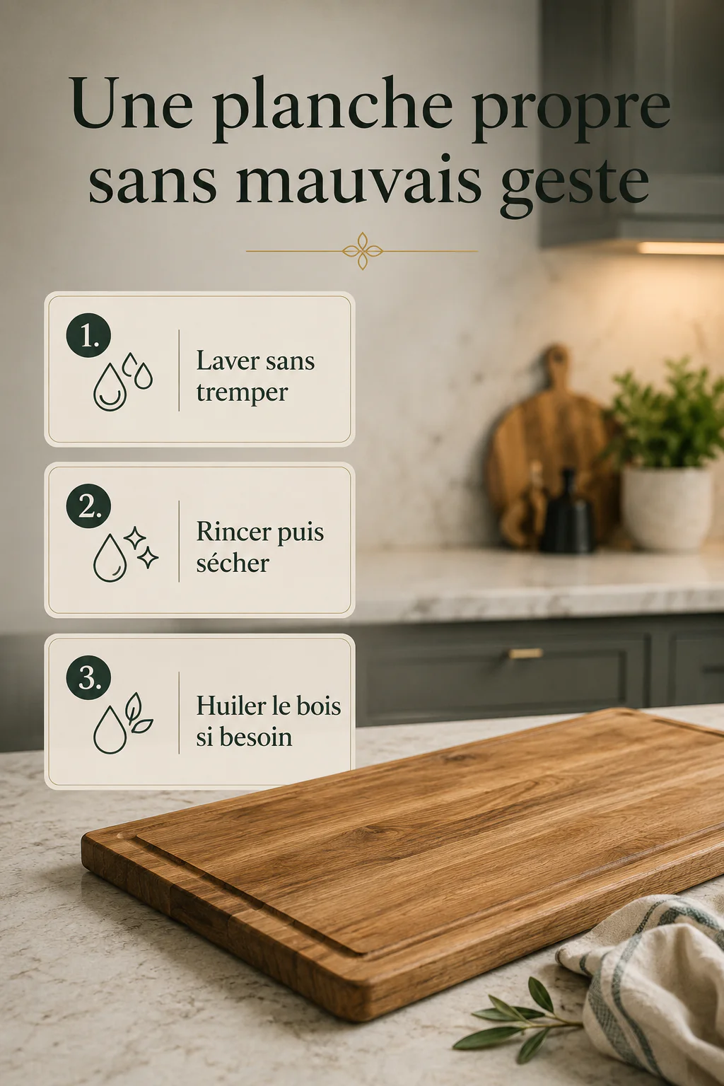 Infographie étapes pour nettoyer une planche à découper sans mauvais geste