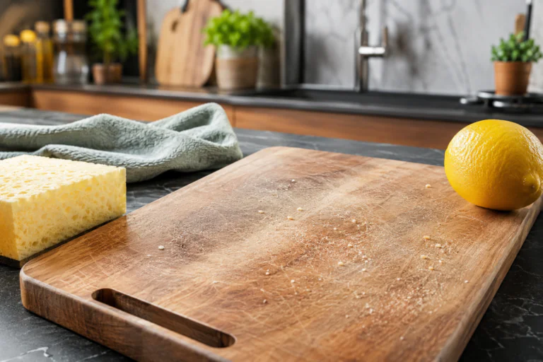 Planche à découper en bois à nettoyer avec chiffon et éponge