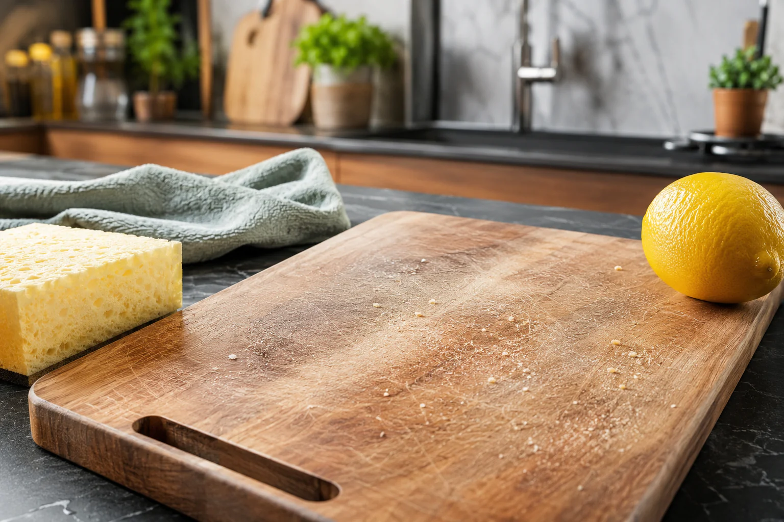 Planche à découper en bois à nettoyer avec chiffon et éponge
