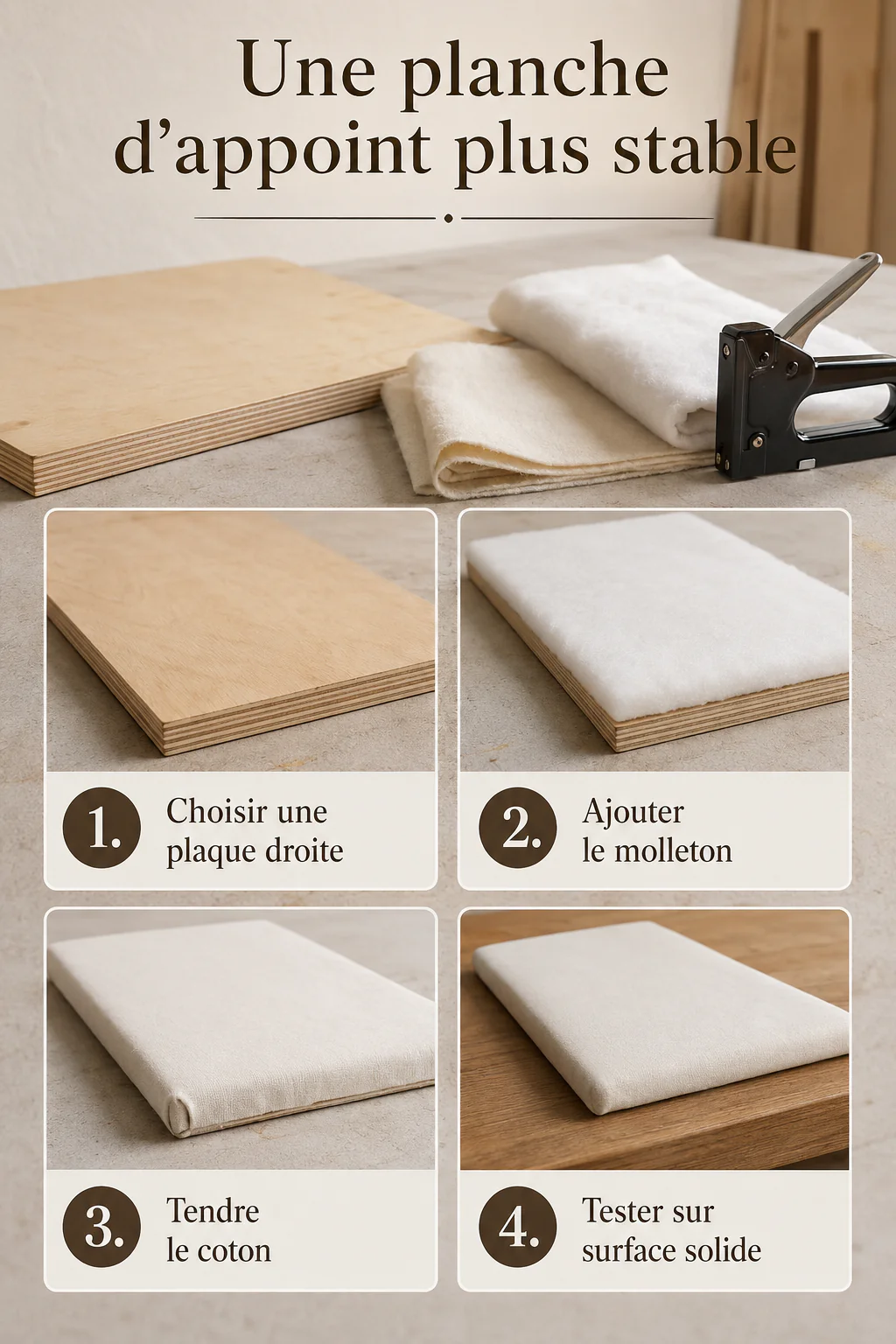 Infographie des étapes pour fabriquer une planche à repasser d'appoint