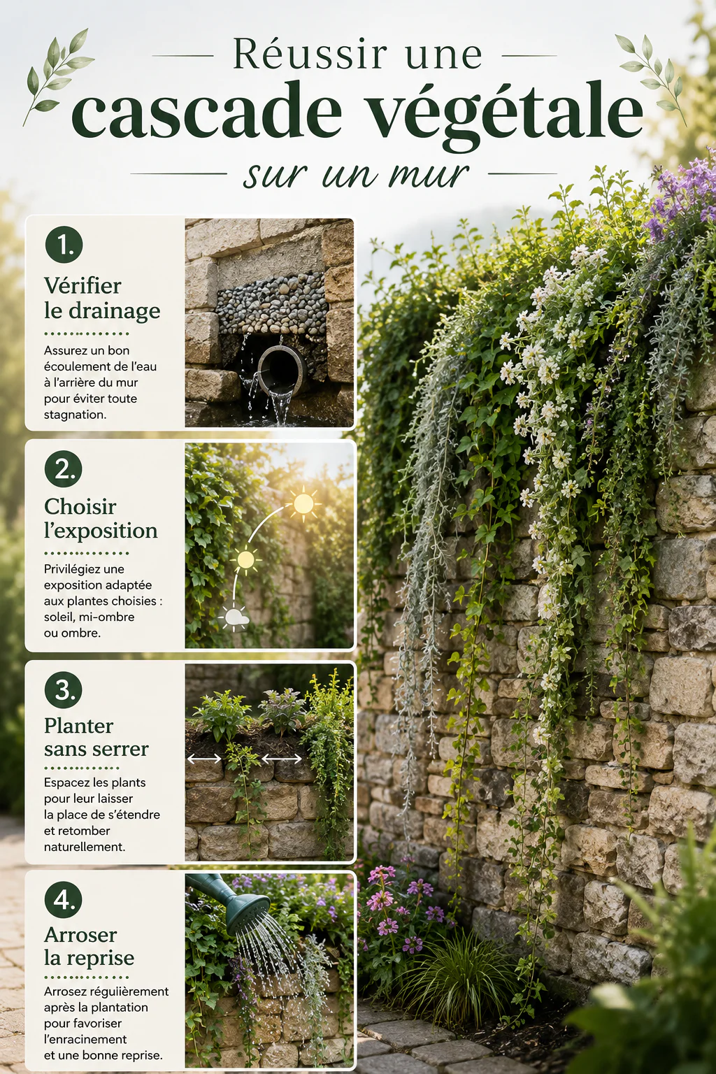 Infographie des étapes pour réussir une cascade végétale sur un mur