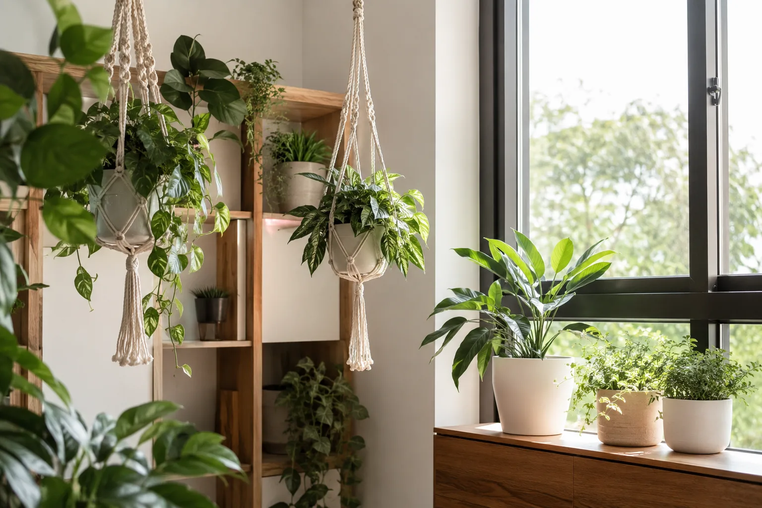 Plantes suspendues près d'une fenêtre dans un intérieur lumineux