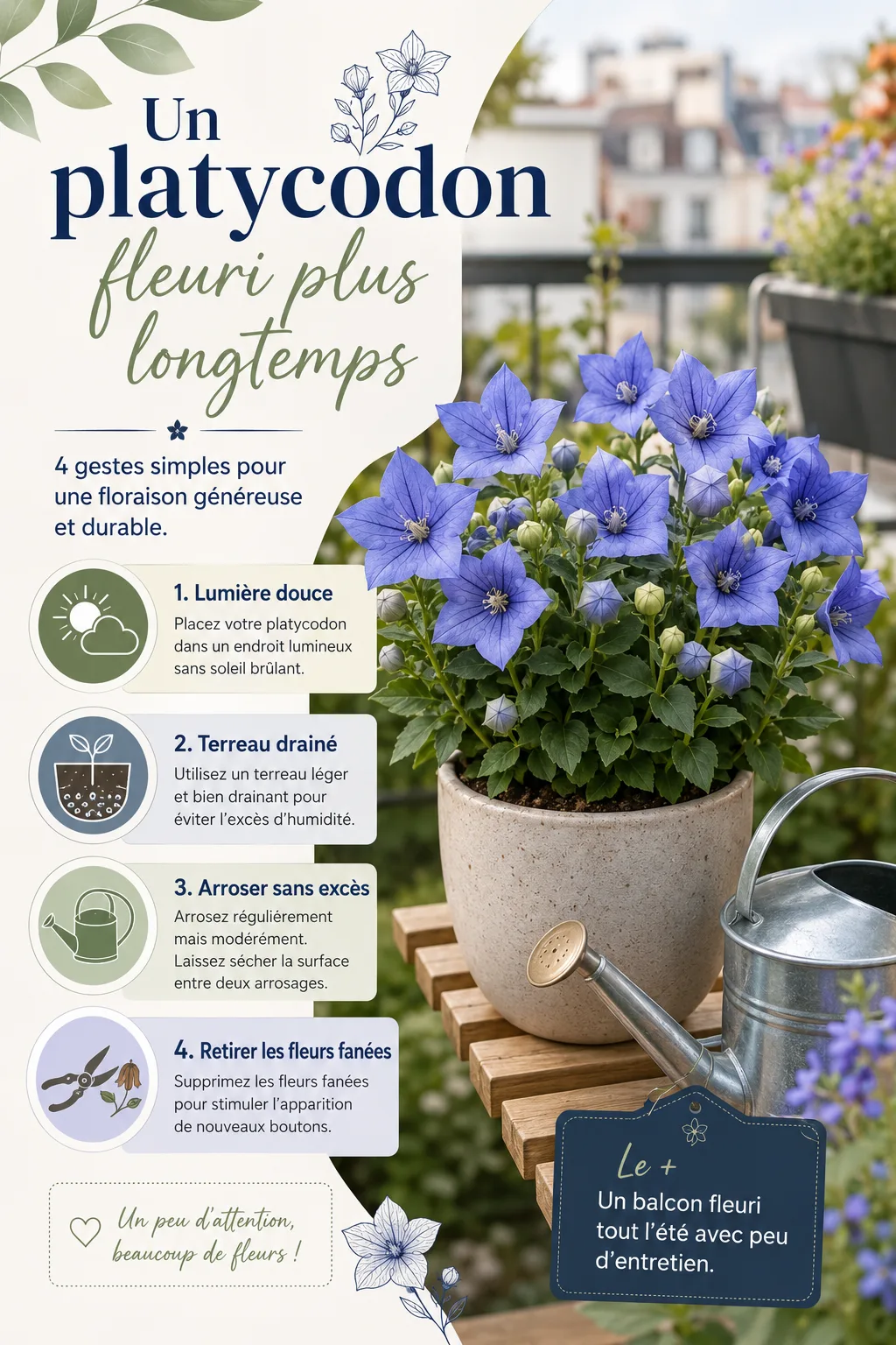 Infographie avec étapes pour garder un platycodon fleuri plus longtemps
