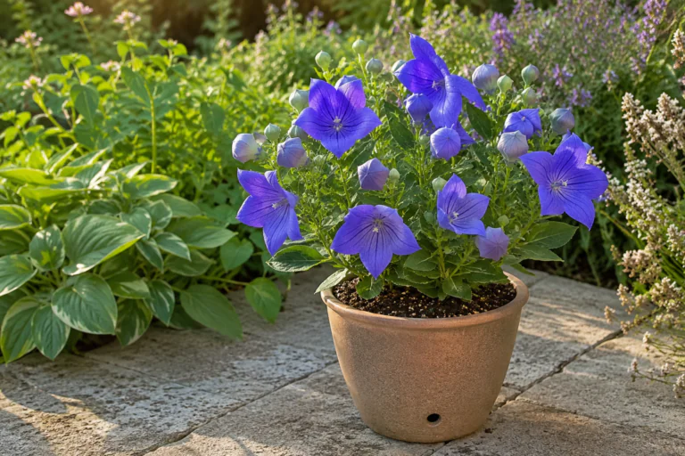 Platycodon en pot avec fleurs bleues sur une terrasse