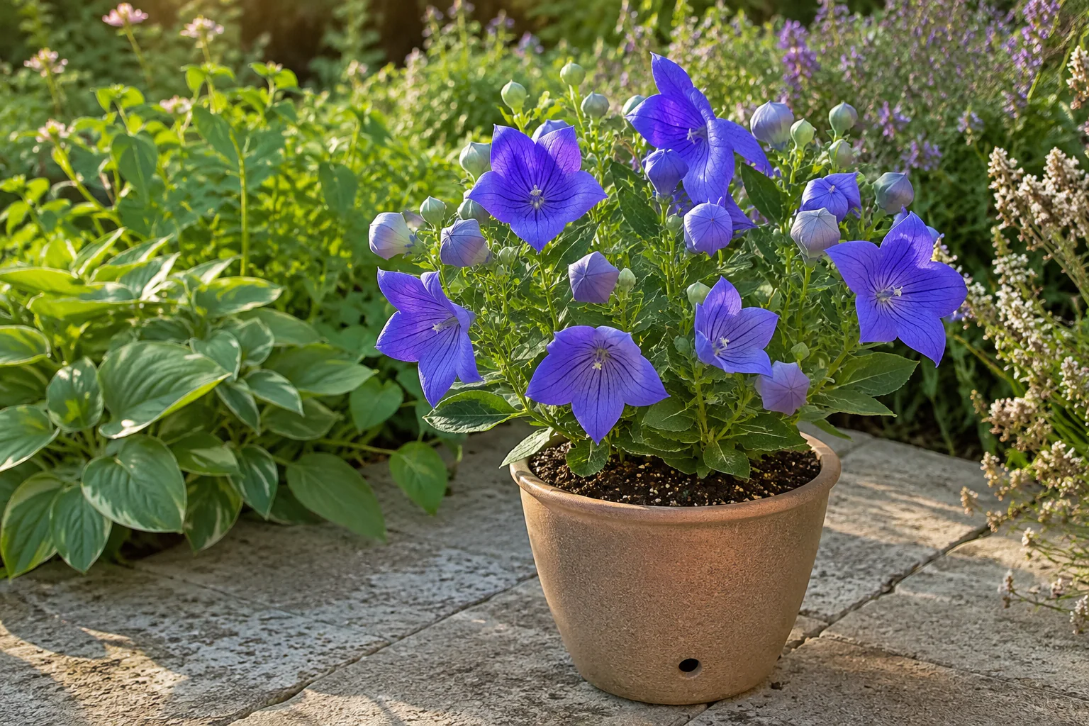 Platycodon en pot avec fleurs bleues sur une terrasse