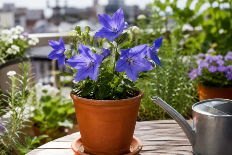 Platycodon en pot avec fleurs bleues sur un balcon