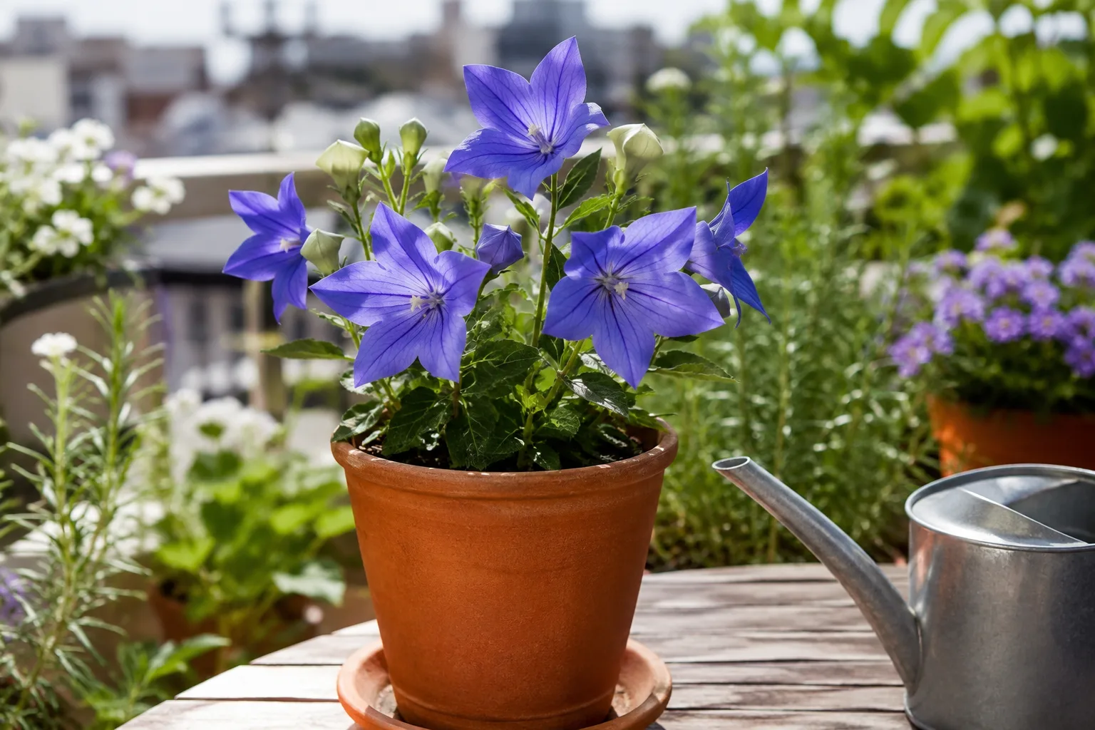 Platycodon en pot avec fleurs bleues sur un balcon