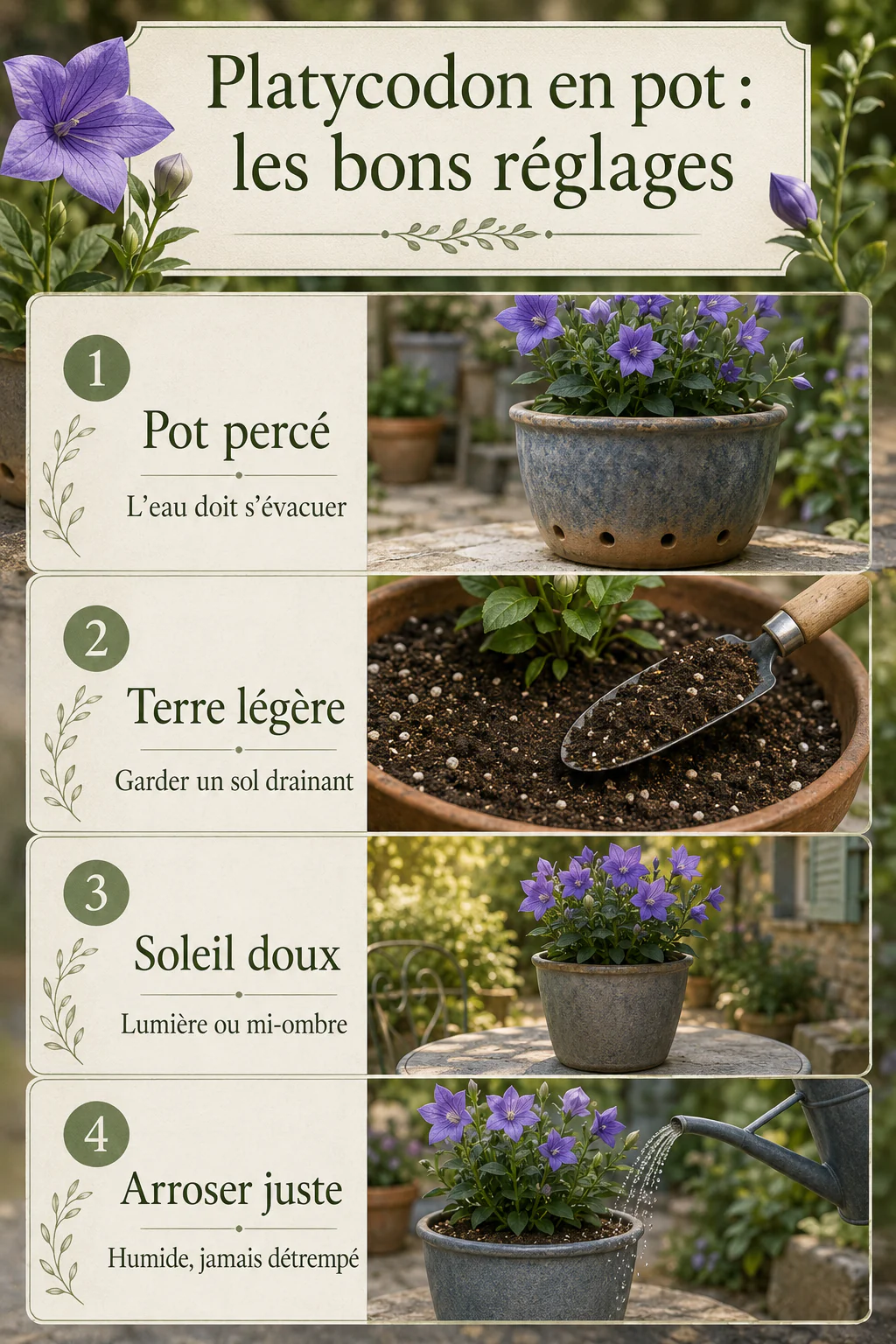 Infographie avec les réglages pour entretenir un platycodon en pot