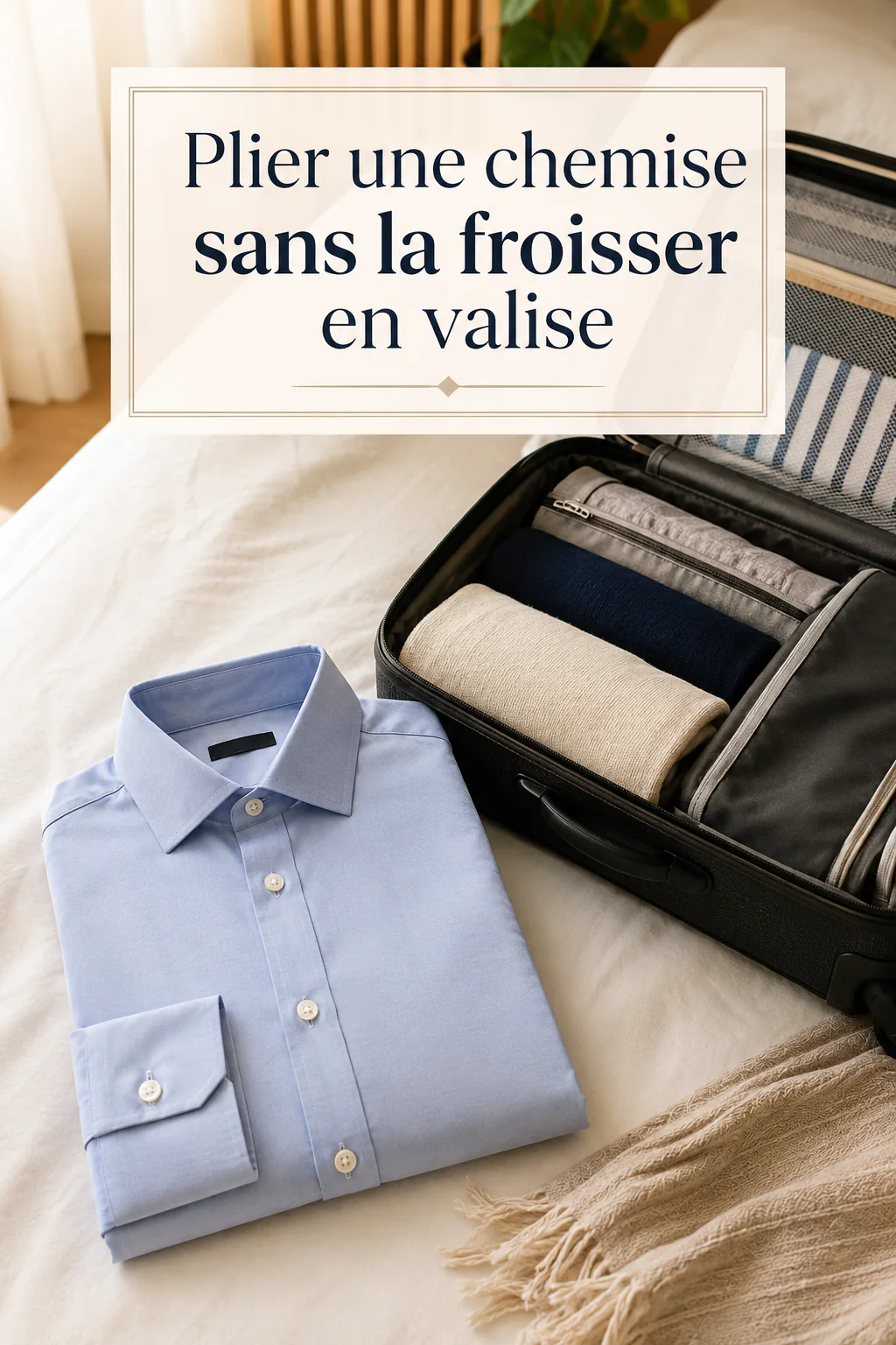 Image Pinterest montrant comment plier une chemise sans la froisser en valise