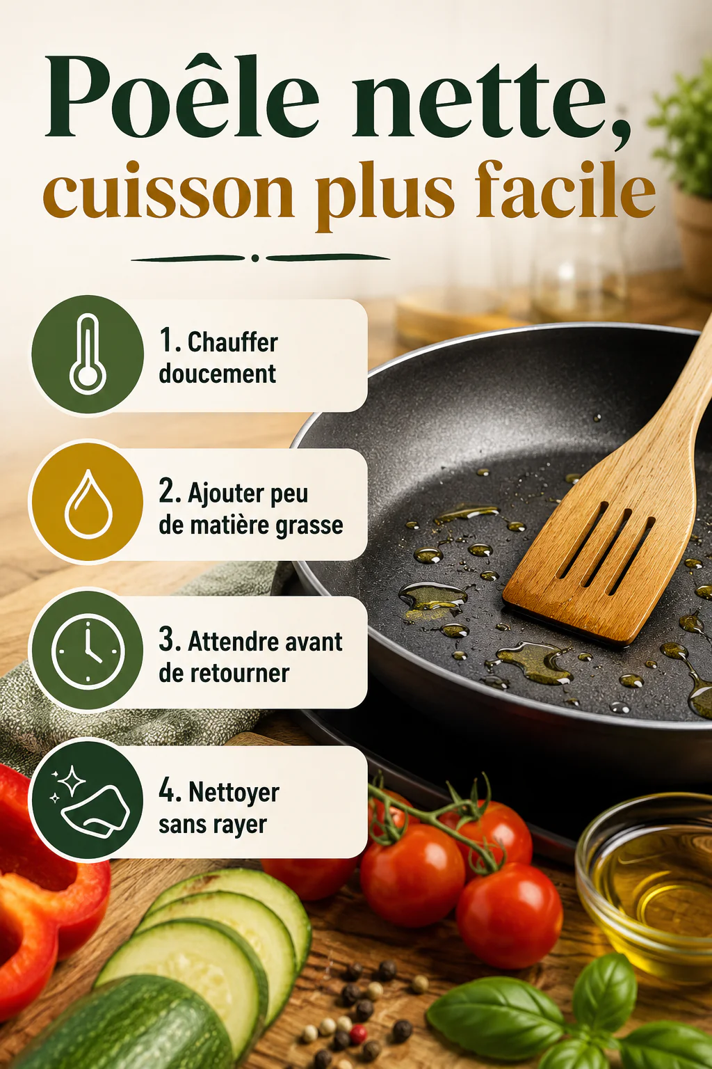 Infographie Poêle nette cuisson plus facile avec quatre gestes de cuisson