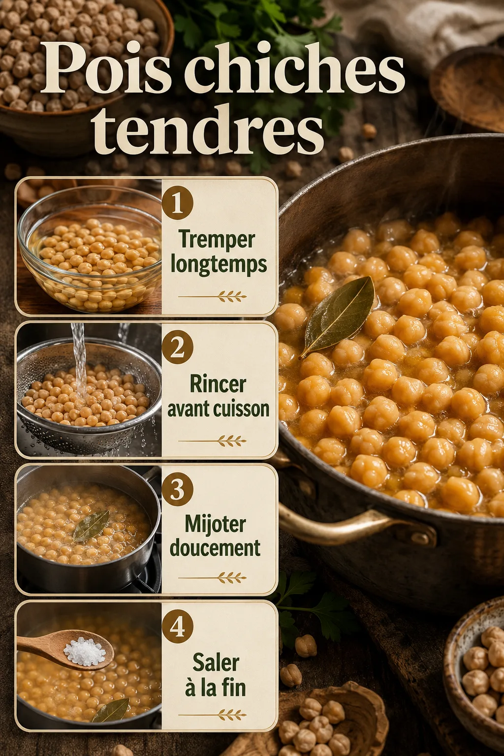 Infographie des étapes pour obtenir des pois chiches tendres