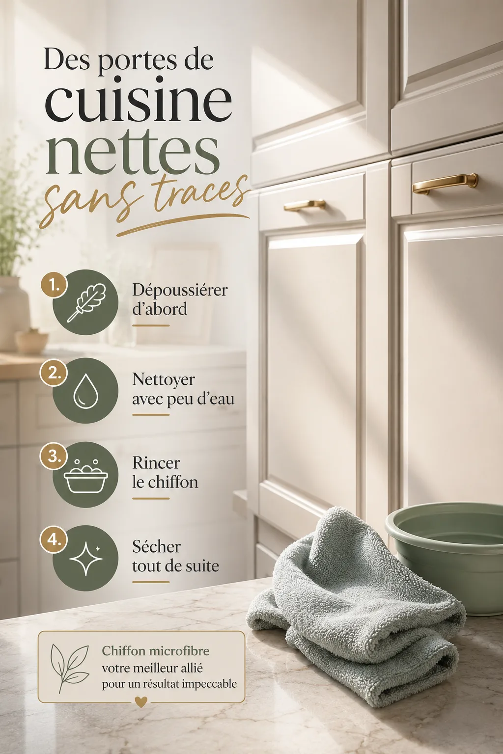 Infographie avec étapes pour nettoyer des portes de cuisine sans traces