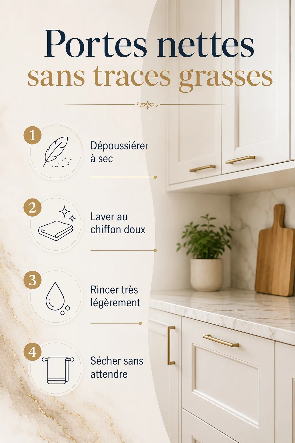 Infographie des étapes pour nettoyer les portes de cuisine sans traces grasses