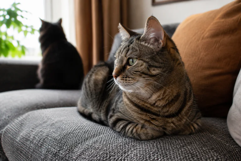 Chat calme en position detendue dans un interieur lumineux