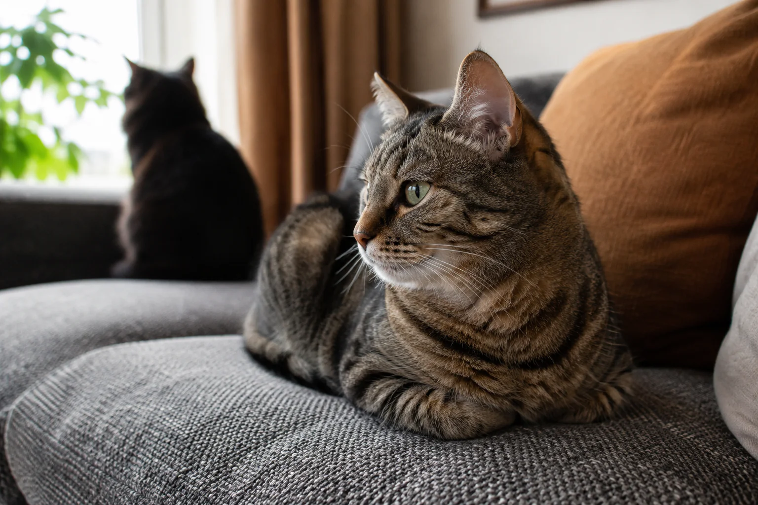Chat calme en position detendue dans un interieur lumineux
