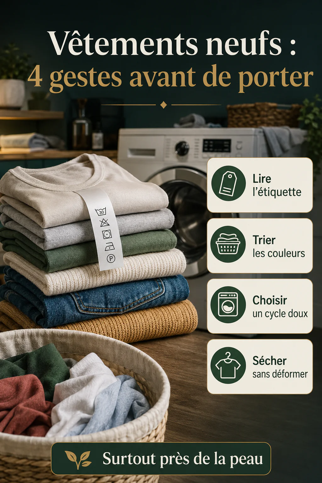 Infographie des quatre gestes avant de porter des vêtements neufs