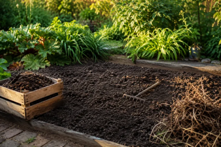 Carré de potager avec terre ameublie après une récolte