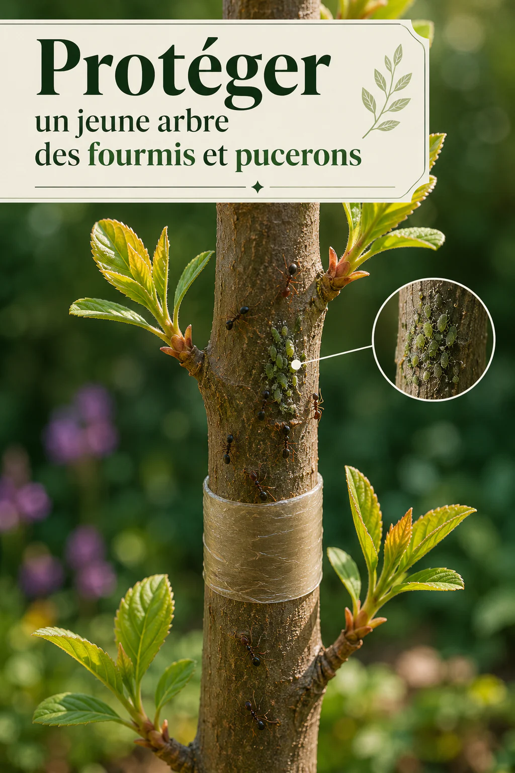 Fourmis et pucerons sur le tronc d’un jeune arbre