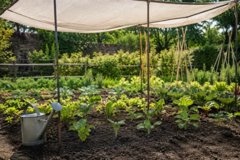 Jeunes plants du potager protégés par une ombrière légère