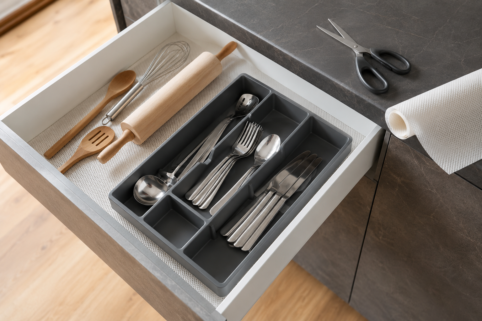 Tiroir de cuisine avec revetement antiderapant propre