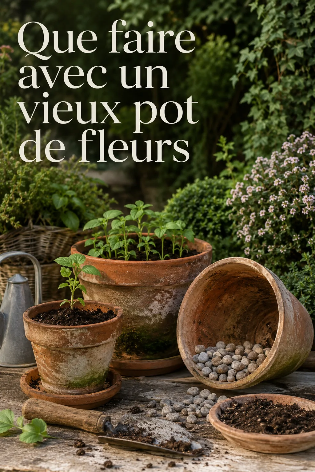 Vieux pots de fleurs réutilisés au jardin avec titre Pinterest
