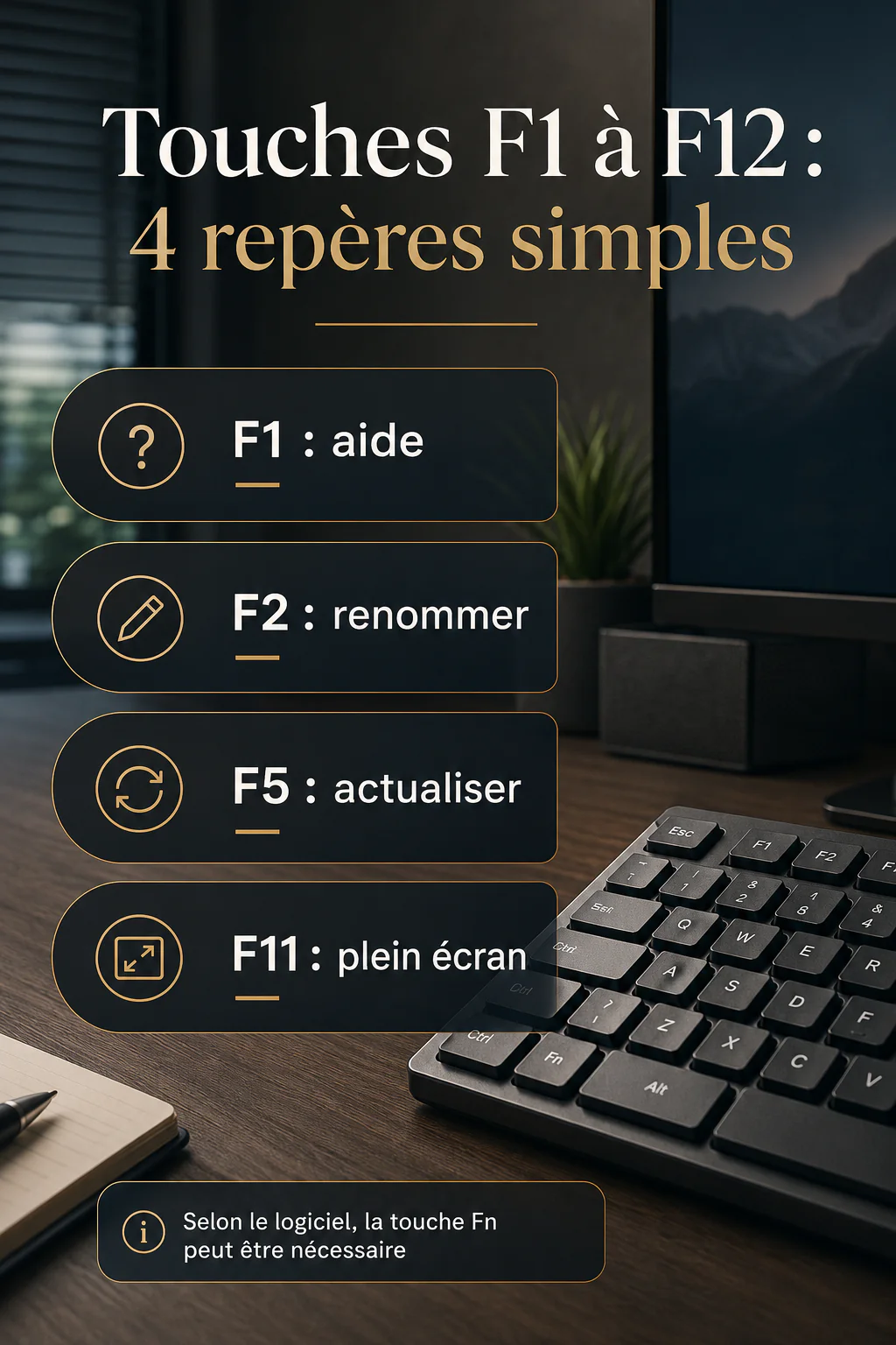 Infographie des touches F1 à F12 avec quatre repères simples : aide, renommer, actualiser et plein écran