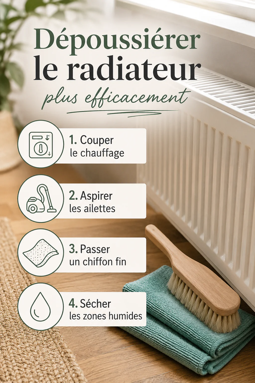 Infographie avec les étapes pour dépoussiérer le radiateur plus efficacement