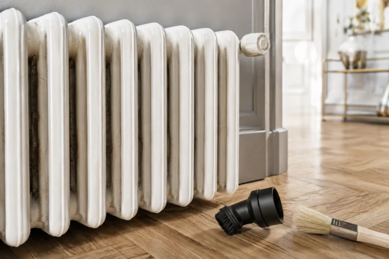 Radiateur avec poussière visible entre les ailettes avant nettoyage