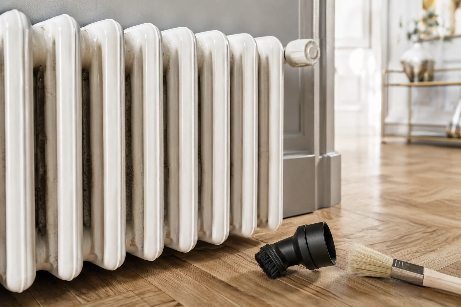 Radiateur avec poussière visible entre les ailettes avant nettoyage