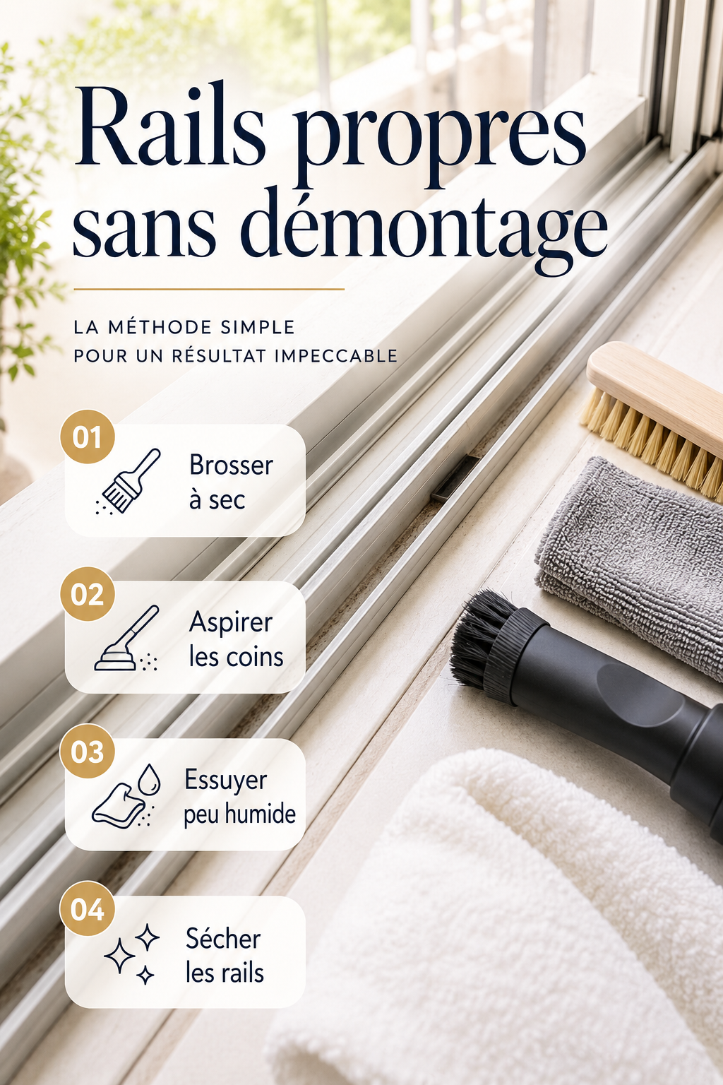Infographie avec étapes courtes pour nettoyer les rails de fenêtre