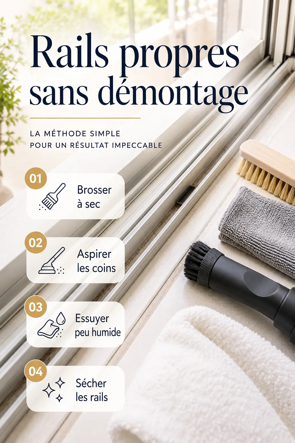 Infographie avec étapes courtes pour nettoyer les rails de fenêtre