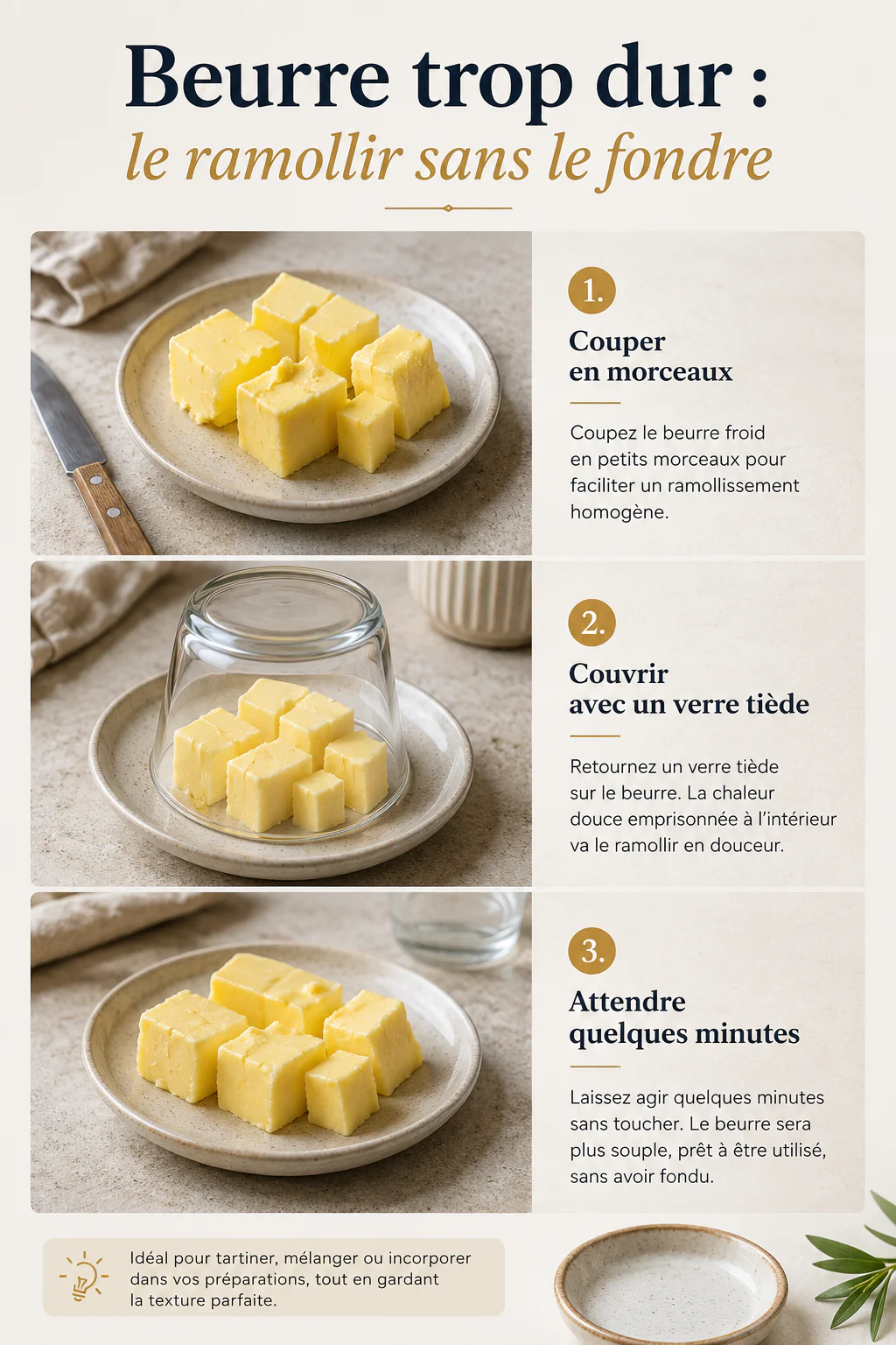 Infographie des étapes pour ramollir du beurre dur sans le faire fondre