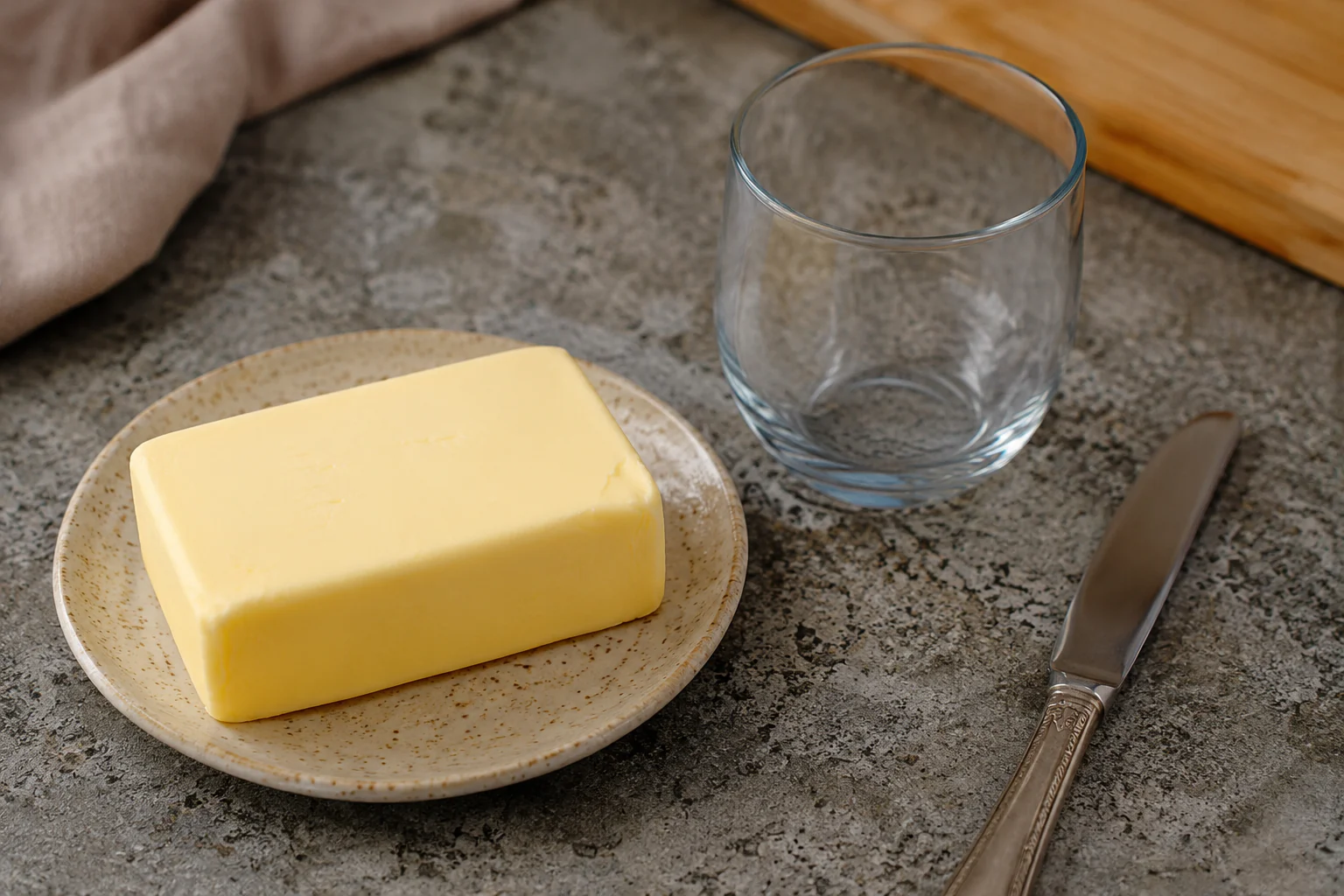 Beurre dur sur une assiette avec un verre tiède dans une cuisine