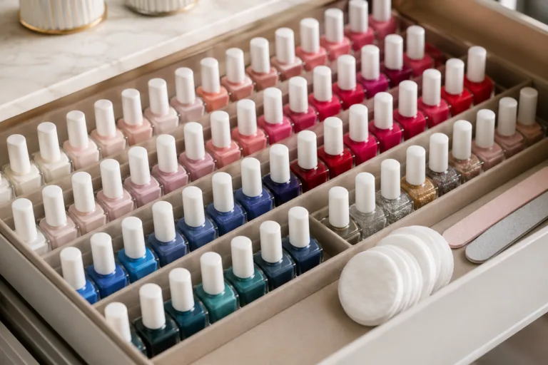 Flacons de vernis à ongles rangés par couleur dans un tiroir