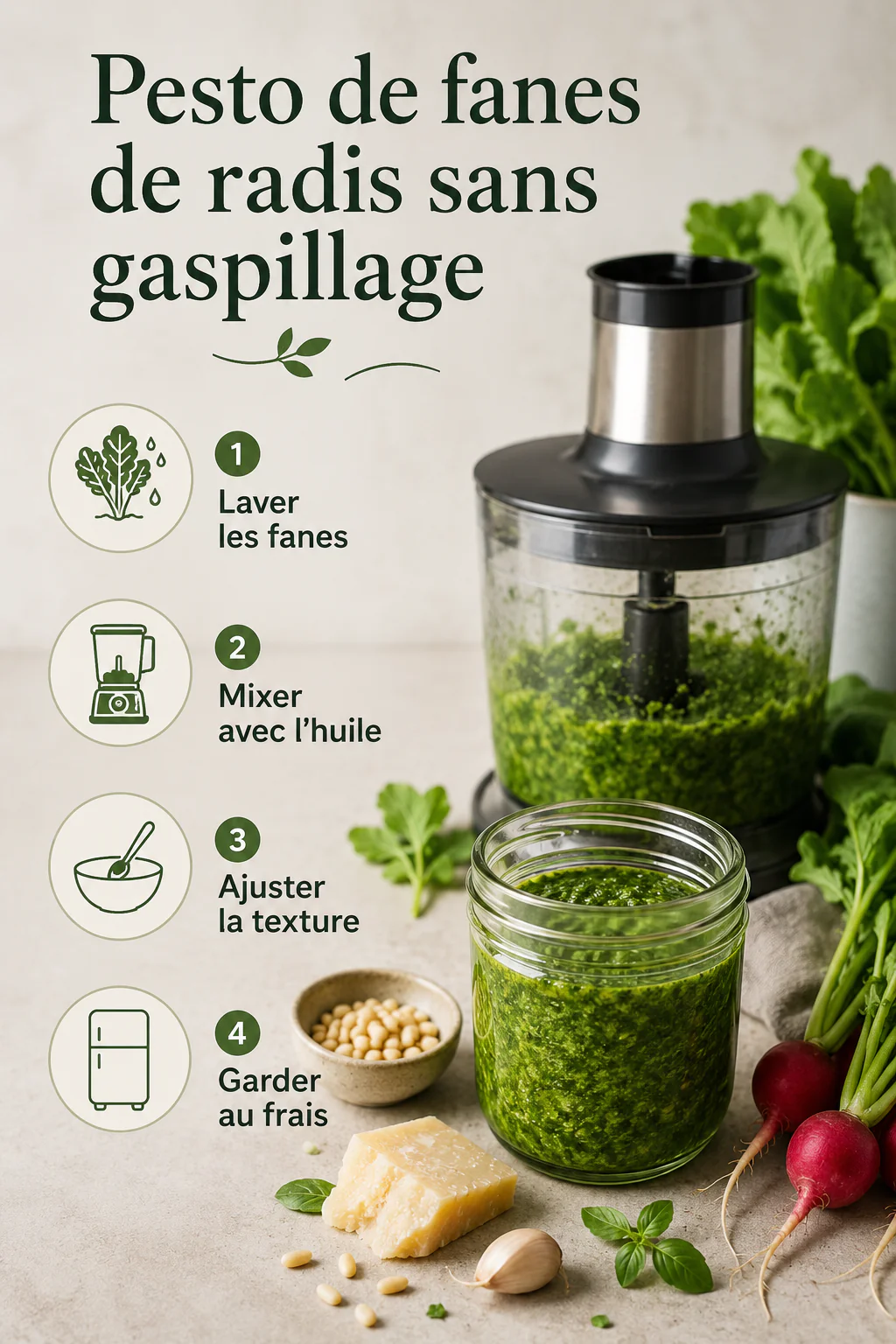 Infographie des étapes pour préparer un pesto de fanes de radis