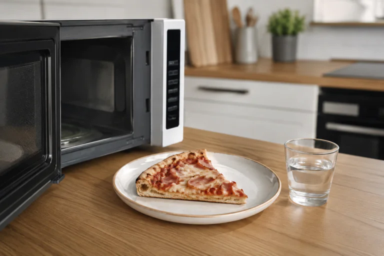 Part de pizza à réchauffer au micro-ondes avec un verre d'eau à côté