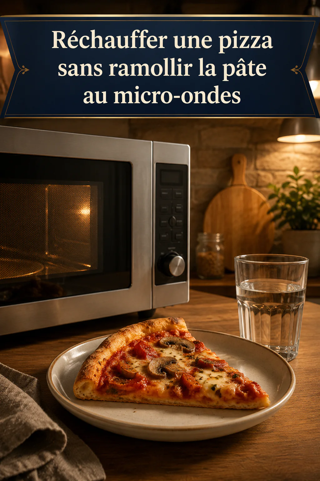 Visuel Pinterest sur la méthode pour réchauffer une pizza au micro-ondes sans ramollir la pâte