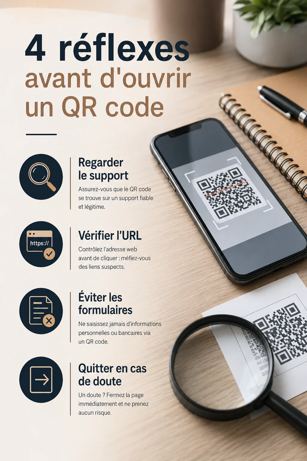 Infographie avec quatre réflexes avant d'ouvrir un QR code