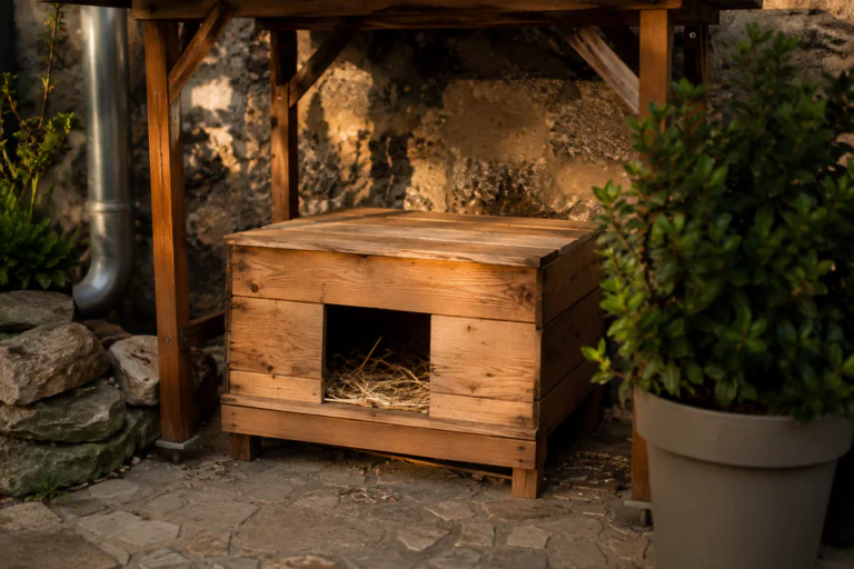 Petit refuge extérieur pour chat, surélevé et protégé de la pluie