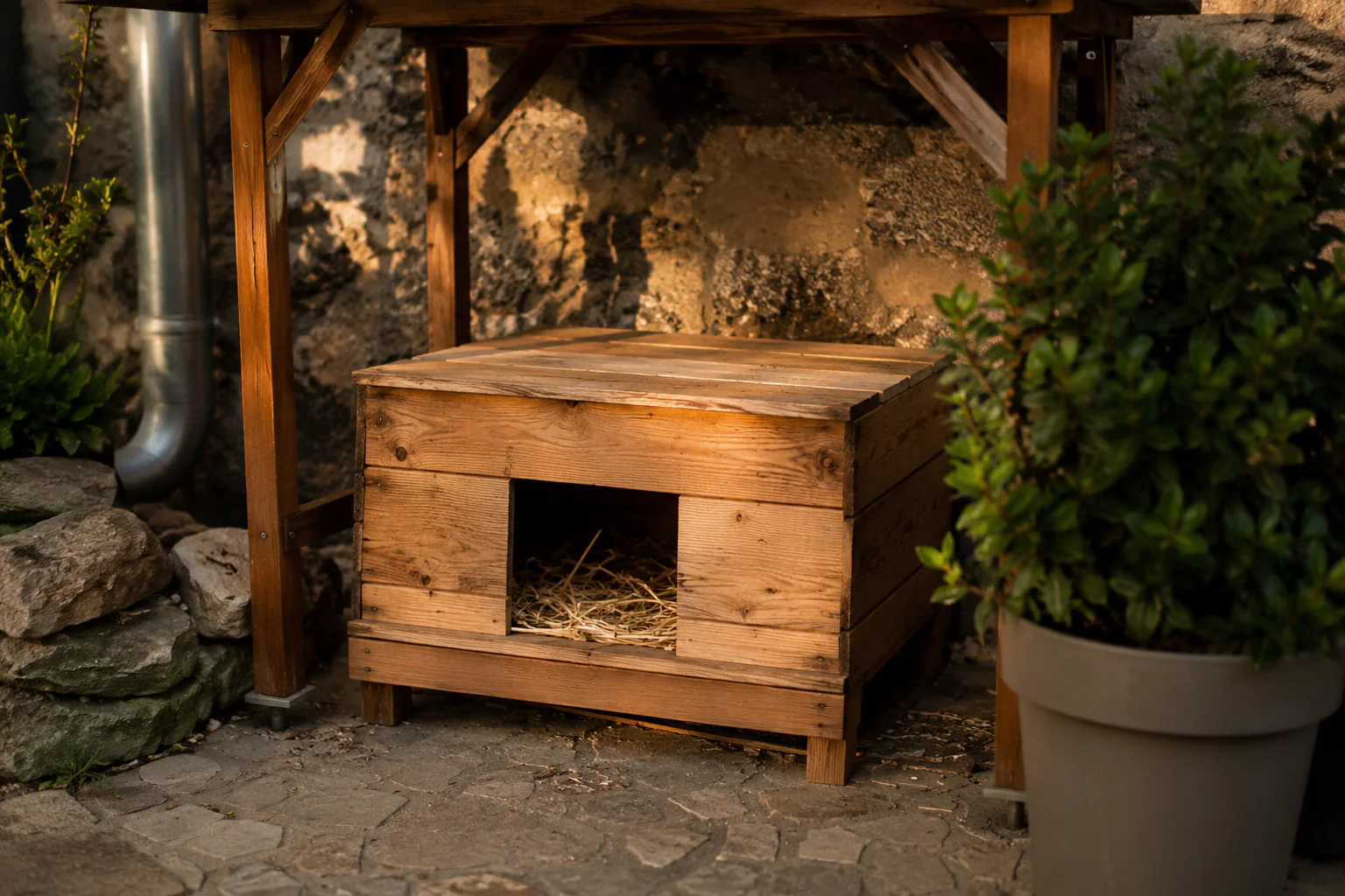 Petit refuge extérieur pour chat, surélevé et protégé de la pluie