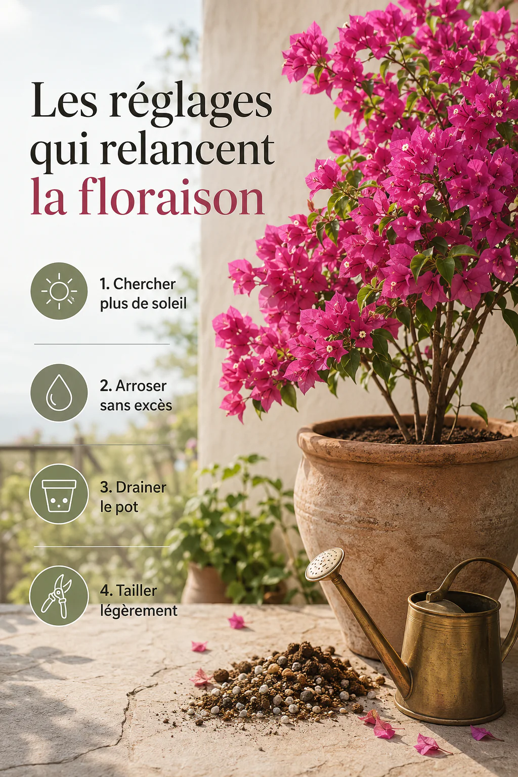 Infographie des réglages qui relancent la floraison du bougainvillier