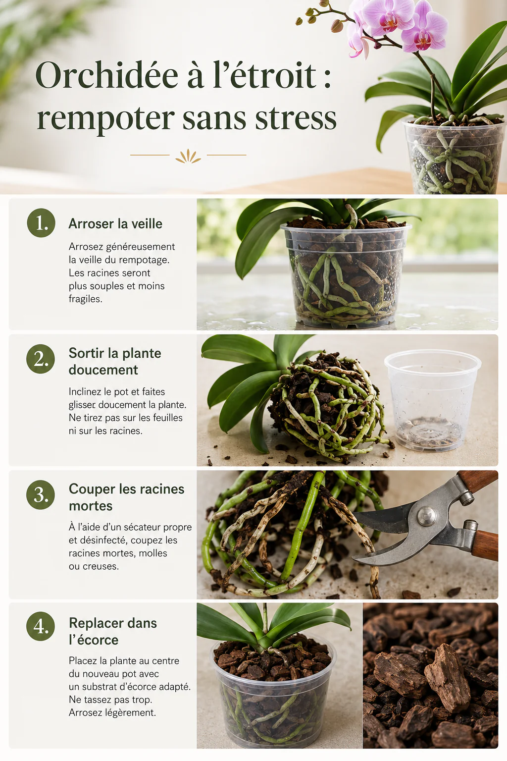 Infographie des étapes pour rempoter une orchidée aux racines serrées
